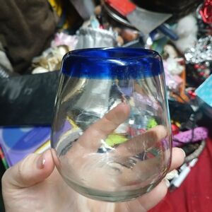 Dos Sueños hand-blown Mexican stemless wine glass Cobalt Blue Rim